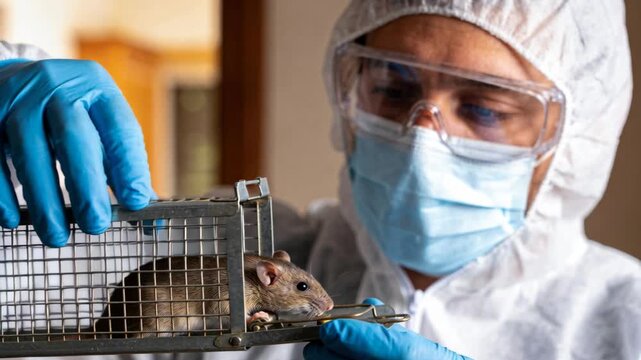 A scientist in a hazmat suit carefully examines a lab mouse inside a metal cage trap for research.