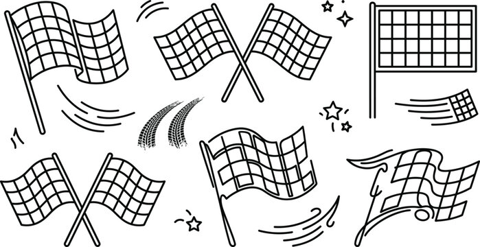 Racing checkered flags line icons vector set for motorsport competition speed auto racing tracks championship finish line background