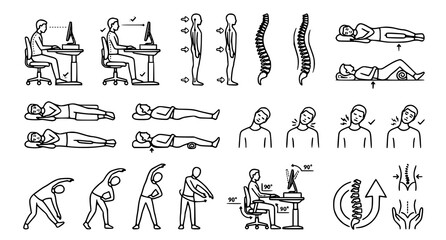Obraz premium Posture Health Line Animation Set with Back Wellness Icons and Spinal Care Elements