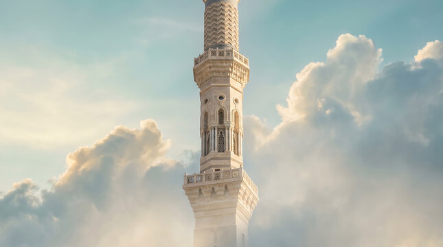 A majestic minaret of a mosque piercing through soft, ethereal clouds against a bright sky.