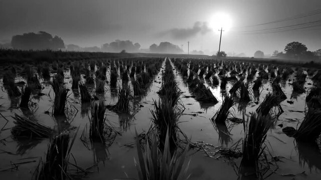 Black and white view of a harvested rice paddy field with standing water in the morning with sun rising