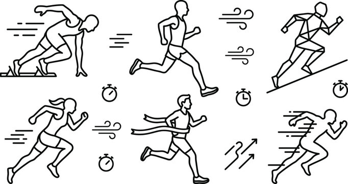 Running vector icon set featuring sprinting athletes marathon runners starting blocks finish line ribbons and stopwatch symbols