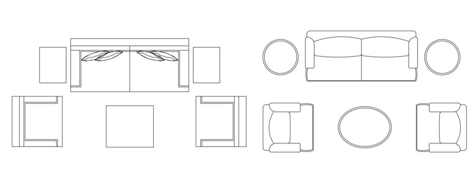 Living room furniture sets top view icons for house interior planning showing sofa coffee table and accent chair.
