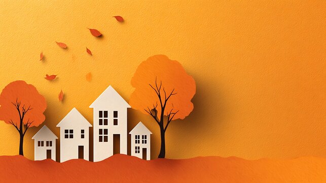 Warm orange and yellow sunset sky with red leafy trees and white houses in peaceful village