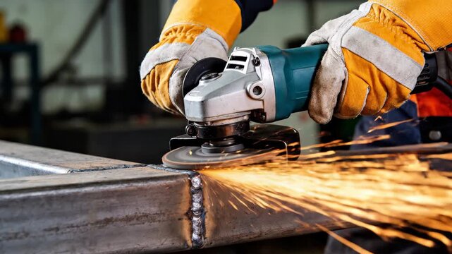 A skilled metalworker uses an electric angle grinder to smooth out a rough welded joint on steel.
