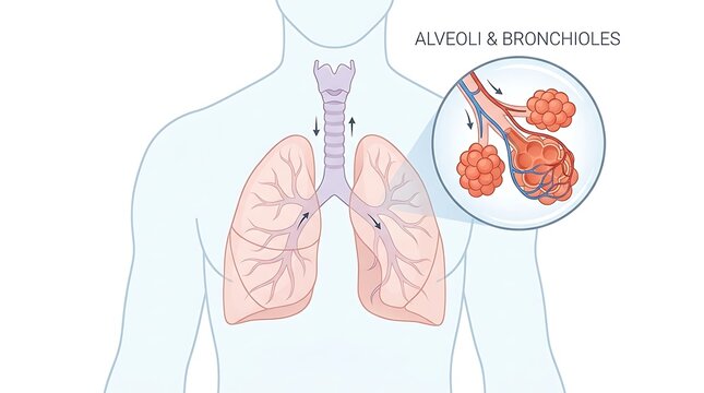 Anatomical diagram of human respiratory system with magnified view of alveoli and bronchioles