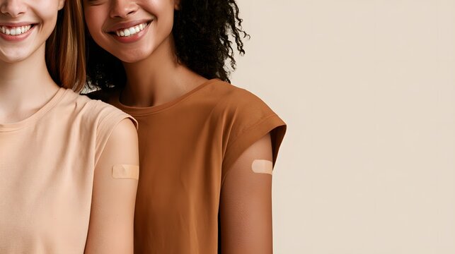 Diverse Women With Vaccination Bandages on Arms, Cropped Portrait for Immunization Awareness