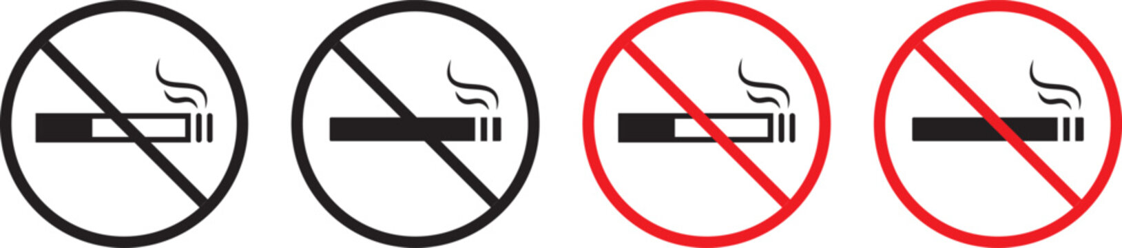 No smoking sign icon set with cigarette and prohibition symbol. Stop do not smoke sign, smoke-free zone, including electronic cigarettes, forbidden cigarette tobacco area, no smoking vector illustrati