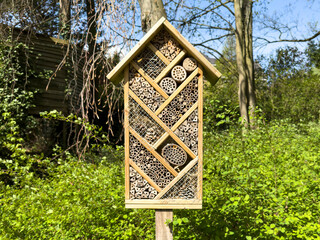 Obraz premium A wooden insect house, or insect hotel, stands in a lush green garden on a sunny spring day. The structure provides nesting and shelter for solitary bees and ladybirds, supporting biodiversity.