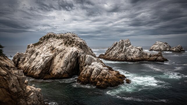Coastal cliffs teeming with nesting seabirds under a dramatic, cloudy sky at sea