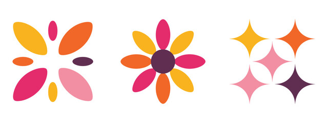 Fototapeta premium Abstract Floral Motifs and Starburst Designs in Yellow and Orange with Vibrant Petal Shapes