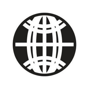 Black and white globe logo with grid lines on a white background