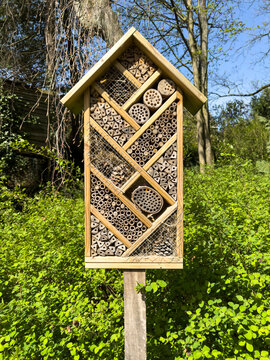 A wooden insect house, or insect hotel, stands in a lush green garden on a sunny spring day. The structure provides nesting and shelter for solitary bees and ladybirds, supporting biodiversity.