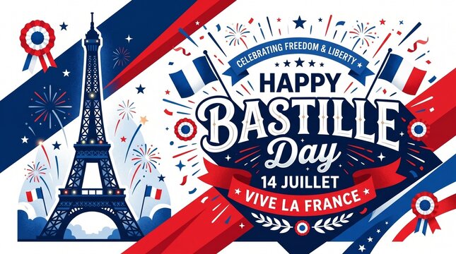 Happy Bastille Day greeting card banner with Eiffel Tower, France national flags, fireworks and ribbons celebrating 14th of July, Vive la France vector illustration.