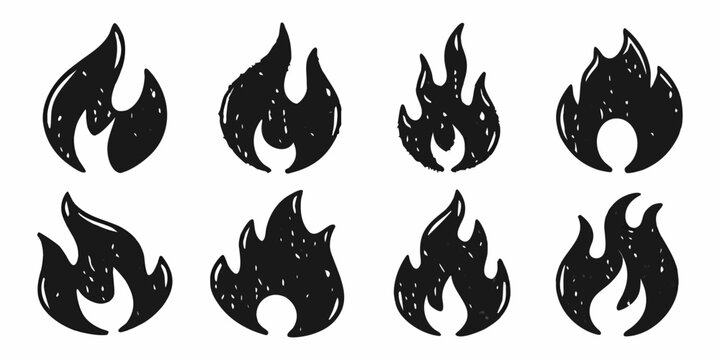 Flame Silhouettes Black Charcoal Style On White Background