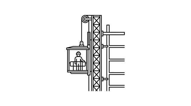 Construction site hoist lift with worker line art icon.