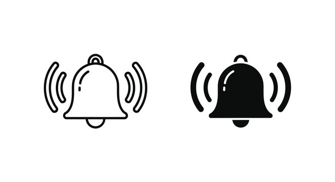 Two ringing bell icons one outline and one solid black with sound waves indicating alert or notification symbol for attention.