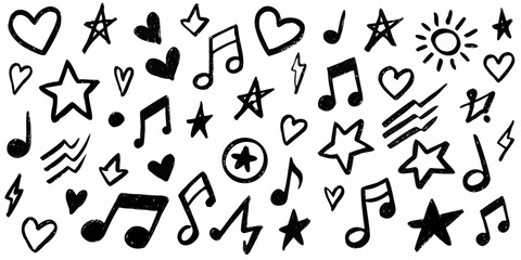 Obraz premium Musical notes hearts and stars sketch pattern on white background