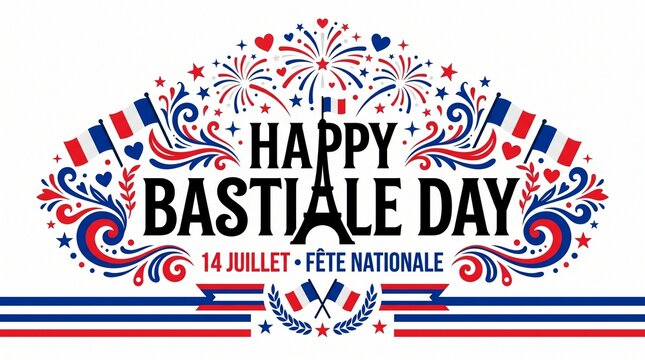 Happy Bastille Day greeting card banner with elegant typography text, Eiffel Tower icon, France national flags and fireworks on white background vector illustration.