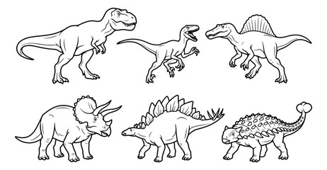 Dinosaur coloring book vector set, prehistoric animal line art, 6 dinosaur outlines for kids © usmi