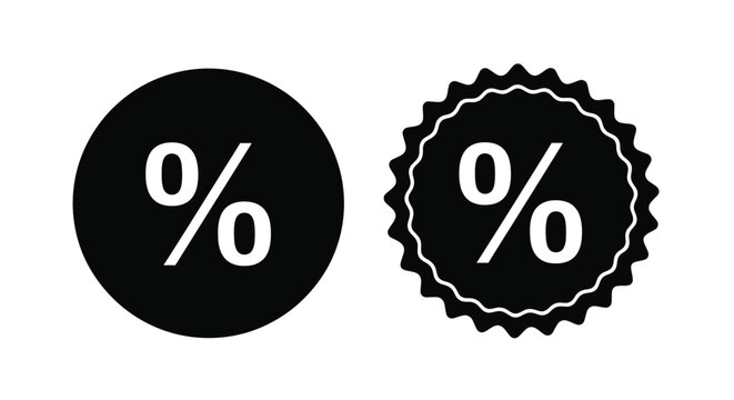 Percentage icon vector for marketing and sales design, illustrating two stylized percent symbols in a circle and a starburst shape, ideal for promotions.