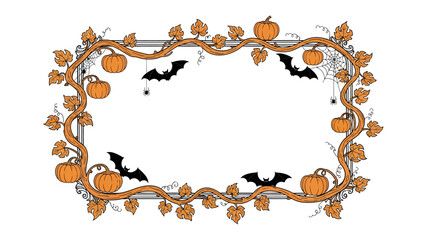 Halloween Frame with Pumpkins and Bats: A festive Halloween-themed decorative frame adorned with pumpkins, flying bats, and delicate spiderwebs, perfect for seasonal greetings and party invitations. © abidakhatun