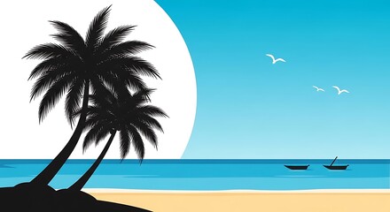 Obraz premium Tropical beach sunset with silhouette palm trees and ocean horizon