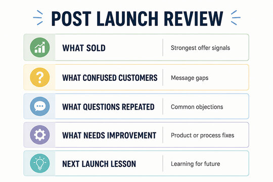 A graphic displays a checklist for a post-launch review covering sold items, customer confusion, repeated questions, areas needing improvement, and lessons for the next launch.