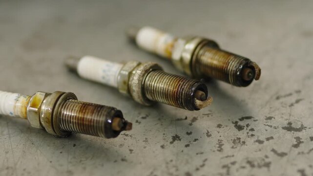  Three old dirty spark plugs with brown oil stains on a metal surface