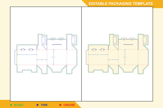 Two identical tuck end box dielines with security buckles, featuring labeled bleed, trim, and crease lines with precise millimeter measurements