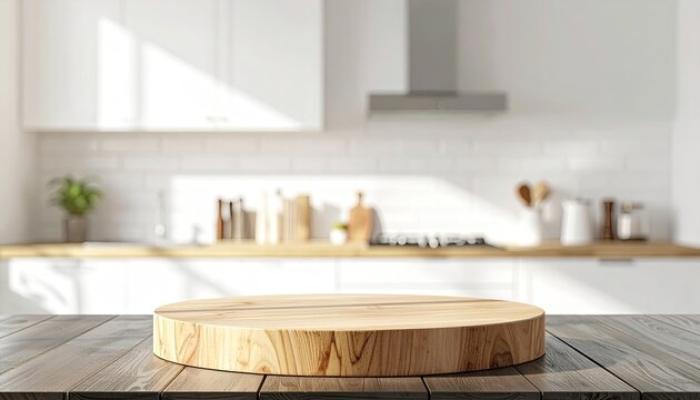 Empty wooden cutting board on table, sunny modern kitchen