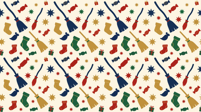Seamless Epiphany pattern with Befana brooms and holiday treats.