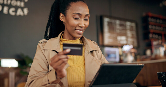 Black woman, tablet and credit card for payment in cafe, online banking, shopping or digital purchase. Password, ecommerce and paying with customer or person for financial transaction at coffee shop