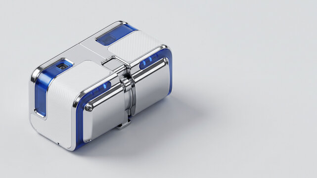 Metal hardware box with white body and blue translucent panels on light background with copy space
