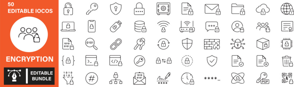 50 Encryption and Cybersecurity Outline Icons Set &ndash; Secure Data Protection, Cryptography, Digital Security, Lock and Privacy Vector Bundle