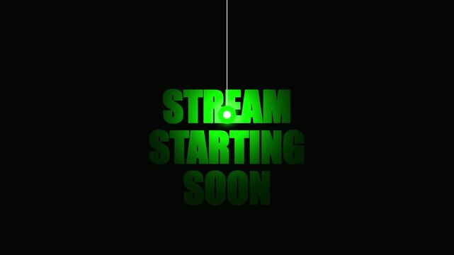 Green Stream Starting Soon Text Animation with Swinging Pendulum Light Effect on Black Dark Background