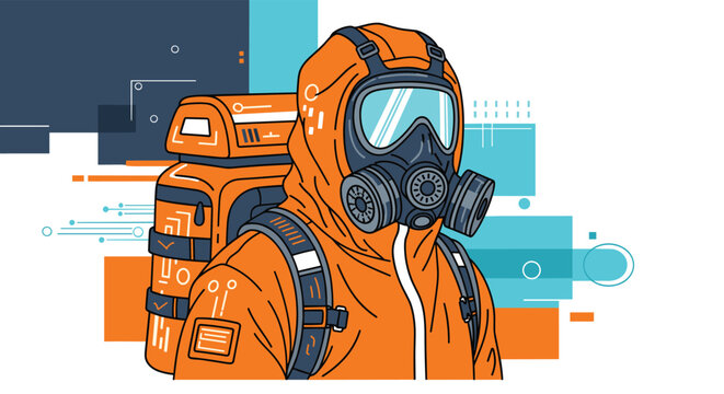 Digital art of a person wearing a protective orange hazmat suit and full face gas mask with technical abstract background.