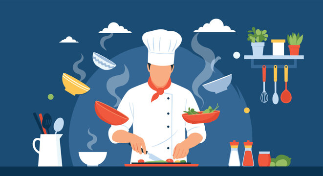 Professional chef in a uniform juggling fresh ingredients and bowls while preparing a healthy meal in a kitchen.