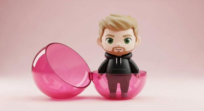 Toy figure sitting in pink eggshell.