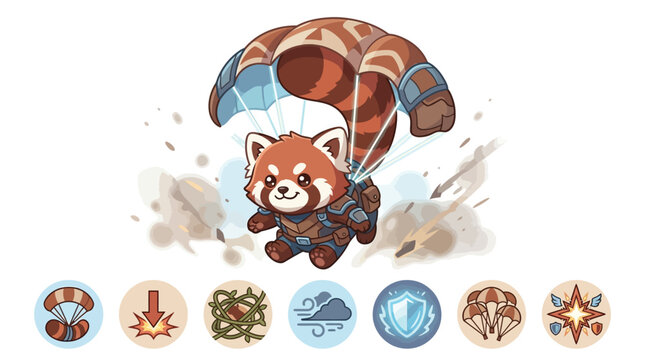 Chibi red panda character in blue tactical armor wearing a parachute with tail markings, landing on a white background with circular game ability icons and dust effects.