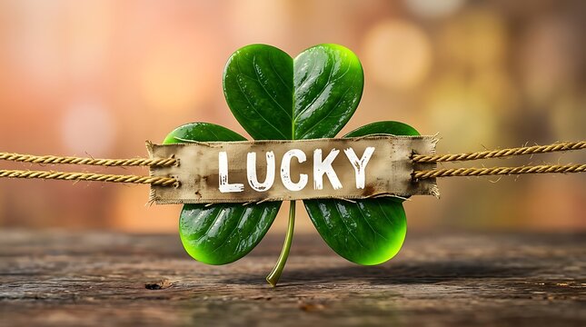 Fourleaf clover tied with a rope and lucky banner for good fortune concept
