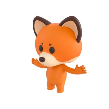 Cute 3D render Little Fox character standing still and reacting with surprise to something in front, shocked and expressive mascot style, isolated on white background.
