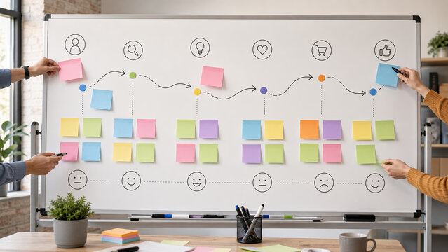 Customer Journey Workshop Whiteboard With Blank Notes