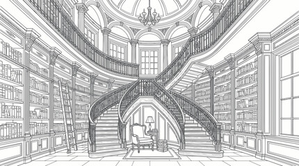 Grand classical library with double staircase and high bookshelves © noval