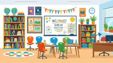 Bright primary school classroom interior with whiteboard and desks © noval