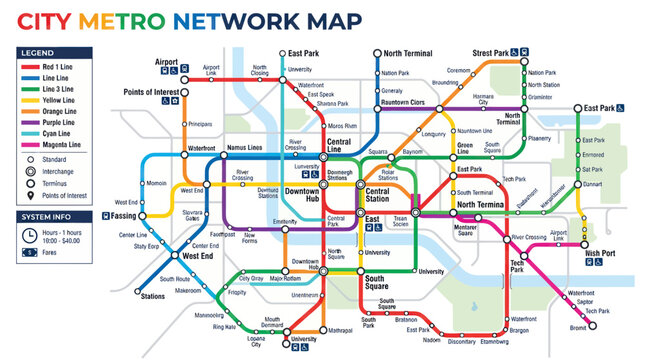 Colorful city subway system map with transit lines and stations