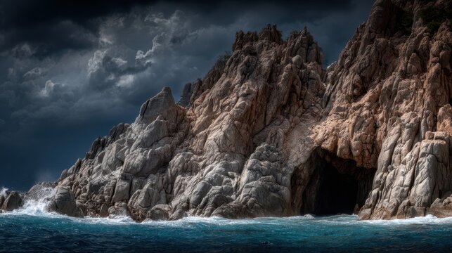 Dramatic Rocky Coastline with Sea Caves and Natural Arches Under Stormy Skies