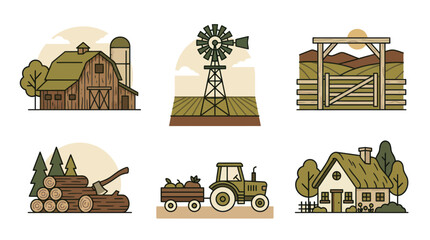 Farm life collection with barn tractor windmill and cottage elements © noval
