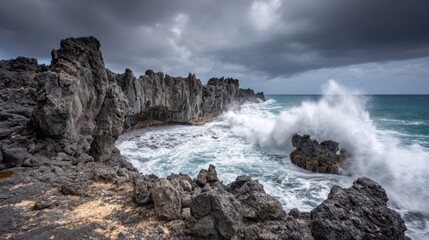 Fototapeta premium Dramatic volcanic coastline with crashing ocean waves under stormy gray clouds