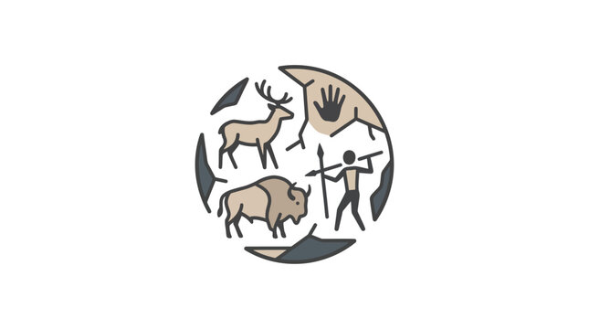 Circular emblem with primitive hunters and wildlife illustration.